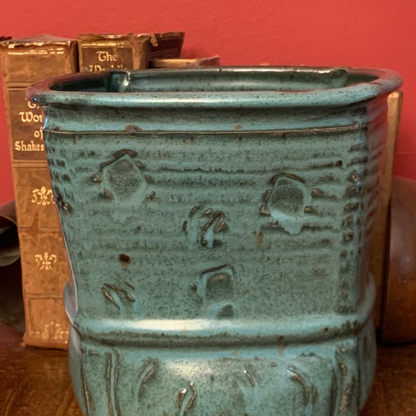 Studio Pottery Vase - Crock - Ceramic - Planter - Renee Altman - 1991 - Green - Blue - Turquoise - Stamped - Incised - Y1