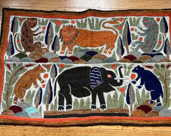 Crewel Wall Hanging - Tapestry - Textile Art - Embroidery - Animals - Boho - Tribal - Vintage - W2