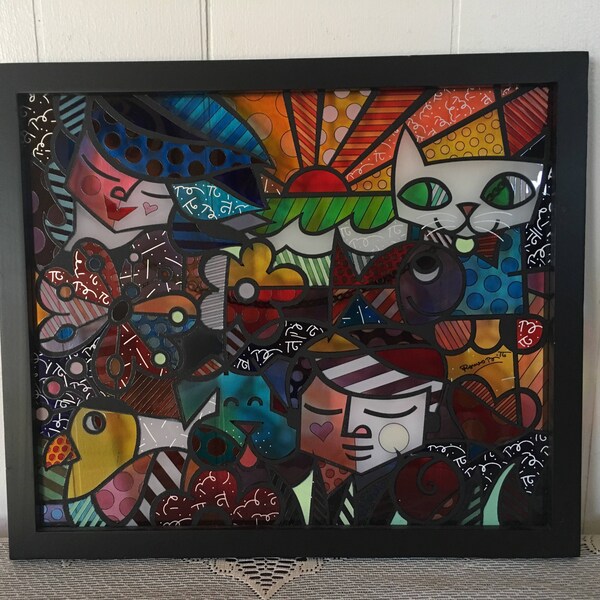 Romero Britto Glass Plaque - Rare - Pets - Family - Pop Art - Abstract - Framed - STRG