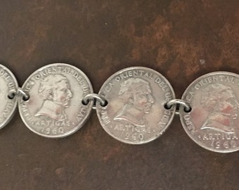 Coin Bracelet - Uruguay - Mid Century - Sixties - Silver Tone - MCM - Bohemian - International - Travel - Vintage