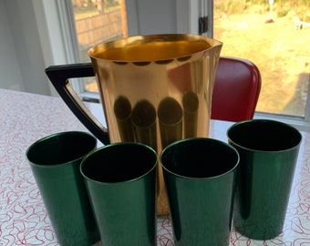 Aluminum Pitcher Set - Drinkware - Barware - Anodized - Mid Century - Gold - Green - 5 Pieces - Vintage - Bascal - E1