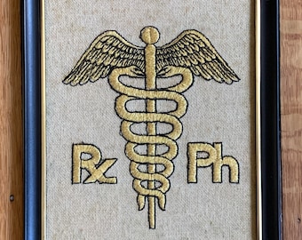 Embroidered Caduceus - Hippocratic - Medical - Doctor - Pharmacy - Apothecary - Medicine - Collectible - Rare - Vintage - M1