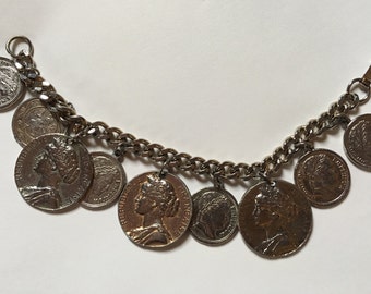 French Coin Bracelet - Charm Bracelet - Faux Coins - Silver Tone - Vintage