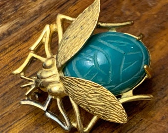 Bug Brooch - Sterling - Scarab - Charles Reiss - Gold - Green - Insect - Rare - Vintage - Vermeil