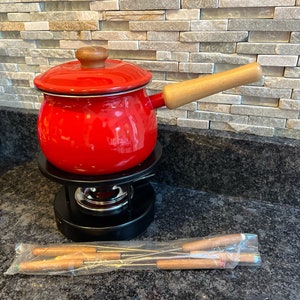 Fondue Pot - Red - MCM Serving - Cooking - Dining - Party - Cookware - Set - Original Box - NOS - Vintage - Q1