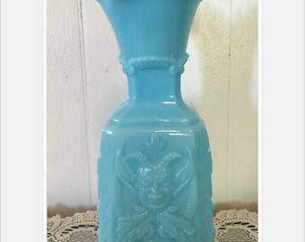 Portieux Blue Glass Vase - Milk Glass - Faun and Roses - Drama Masque - Depose - Vallerysthal - Antique - D1