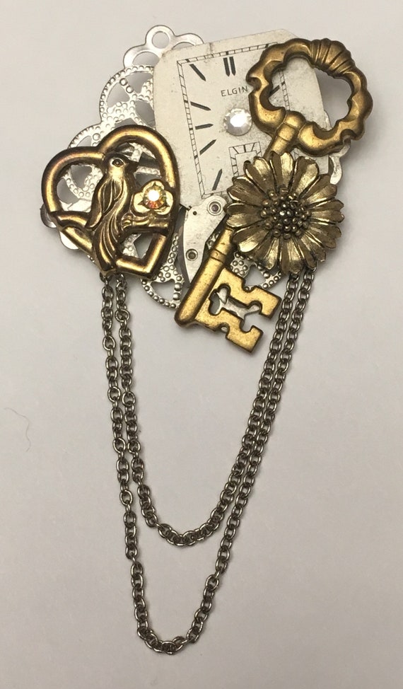 Steampunk Brooch Pin Watch Parts Upcycled Gea… Gem