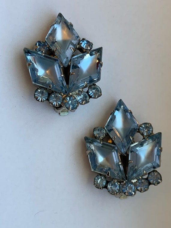 Blue Rhinestone Earrings - Clip - Clip On - Unique