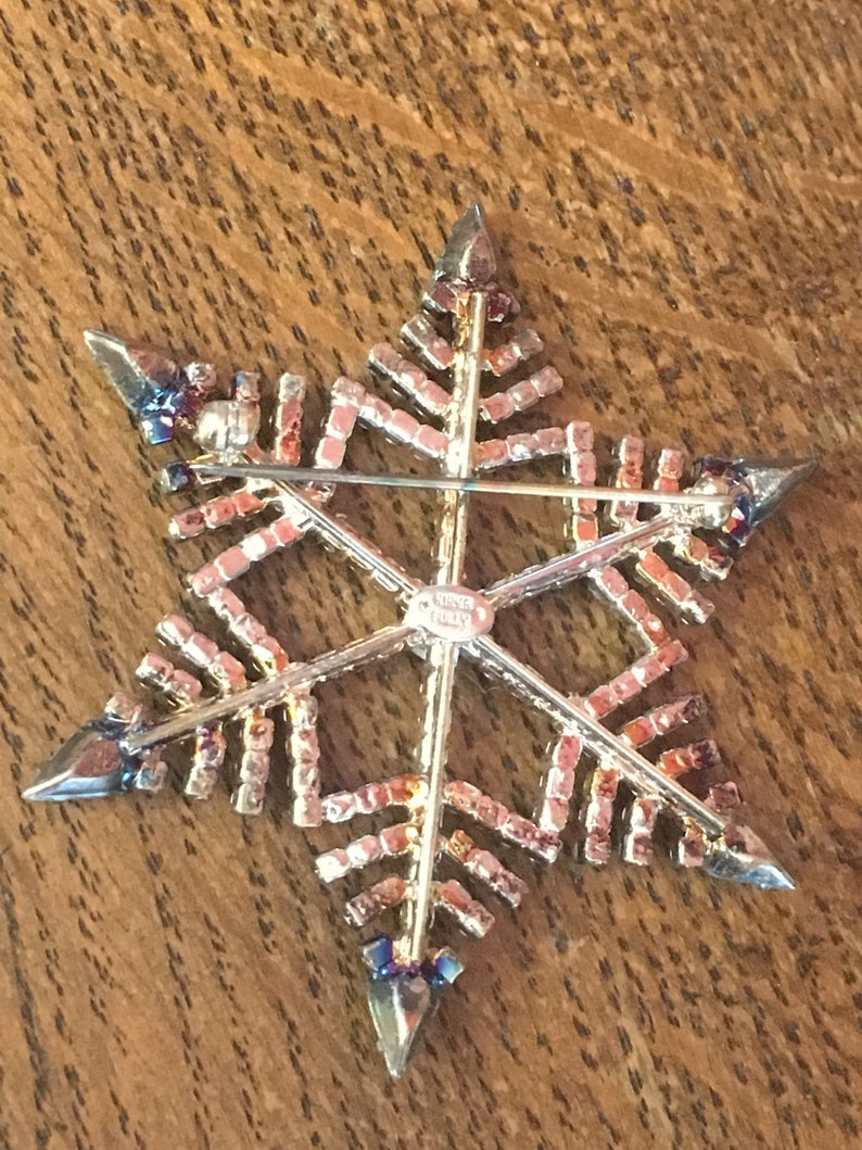 Vintage Kirks Folly Snowflake Brooch Original Box Aspen Rhinestone White Aurora Borealis