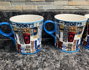 Anthropologie Mug - Veritable Wax Block Print - Rare - Set of 4 - Collectible - Boho - Ceramic - Z2