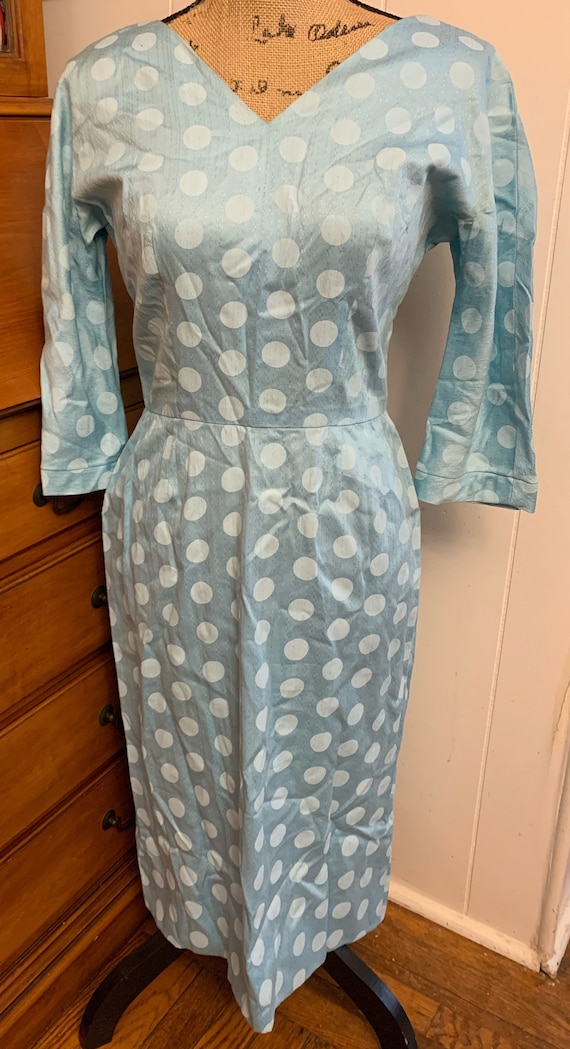 Polka Dot Dress - Blue - Fifties - Sixties - Turquoise - Brunch - Shower - Engagement - Wedding - Rehearsal - Vintage - X1
