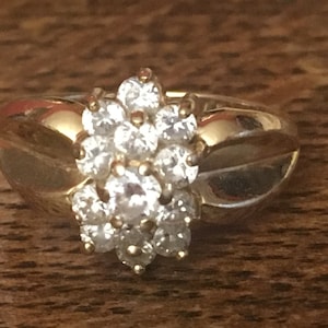 Gold CZ Ring - 14 K - Cluster - Cubic Zirconium - Yellow Gold - Cocktail Ring - Vintage