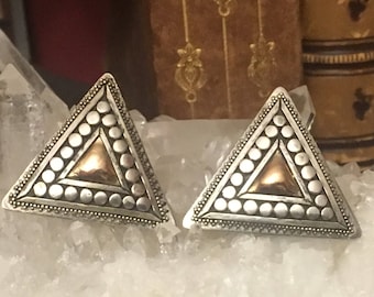 Sterling Triangle Earrings - Mixed Metals - Geometric - Modernist - Vintage