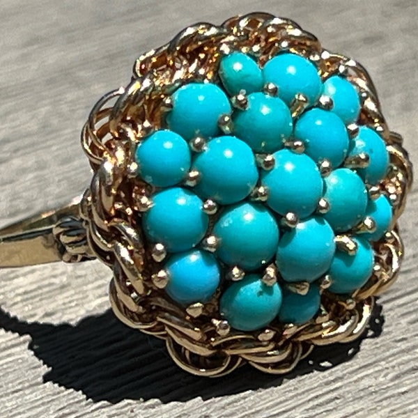 Gold Turquoise Ring - Cluster - Multistone - Statement - Cocktail - Mid Century - 14K - Cellino - Birds Nest - Rare - Estate Jewelry