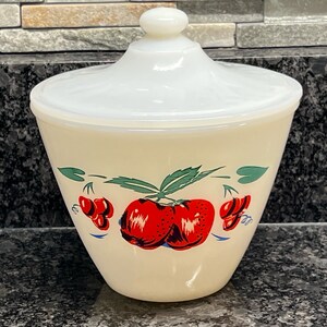 Fire King Grease Jar - Apples - Red - White - Fruit - Rare Milk Glass - Mid Century - H2