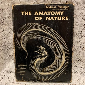 May include: A black and white book cover with the title "The Anatomy of Nature" by Andreas Feininger. The cover features a skeletal image of a snake.
