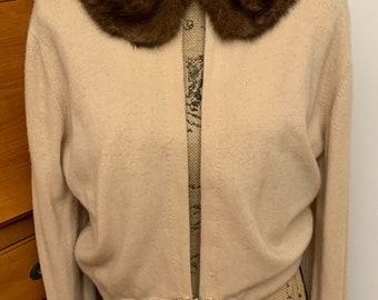 Cashmere Mink Sweater - Cardigan - Fifties - Forties - World War 2 Era - Camel - Tan - Sand - Lace Lining - Rhinestones - C1