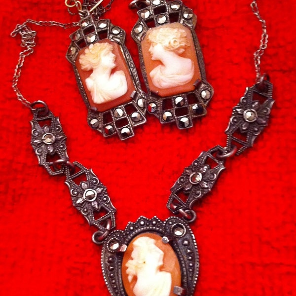 Sale - Antique Edwardian Sterling Silver Cameo Earrings and Necklace