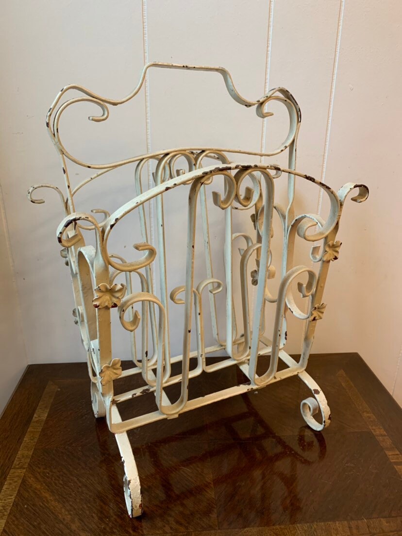 Vintage French Green Wrought Iron Magazine Rack, 1960s, Newspaper Rack