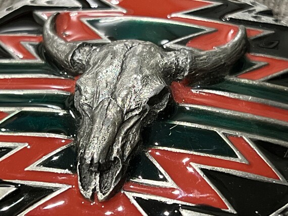 Boucle De Ceinture Vintage Western - Longhorn Bull Skull - Fabriquée Aux USA - Étain
