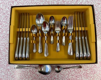 Grand Prix Nottingham Stainless Flatware Set - 42 Pieces - Original Box - MCM Silverware - Serving