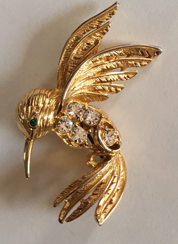 Hummingbird Brooch - Gold Tone - Rhinestones - Vin