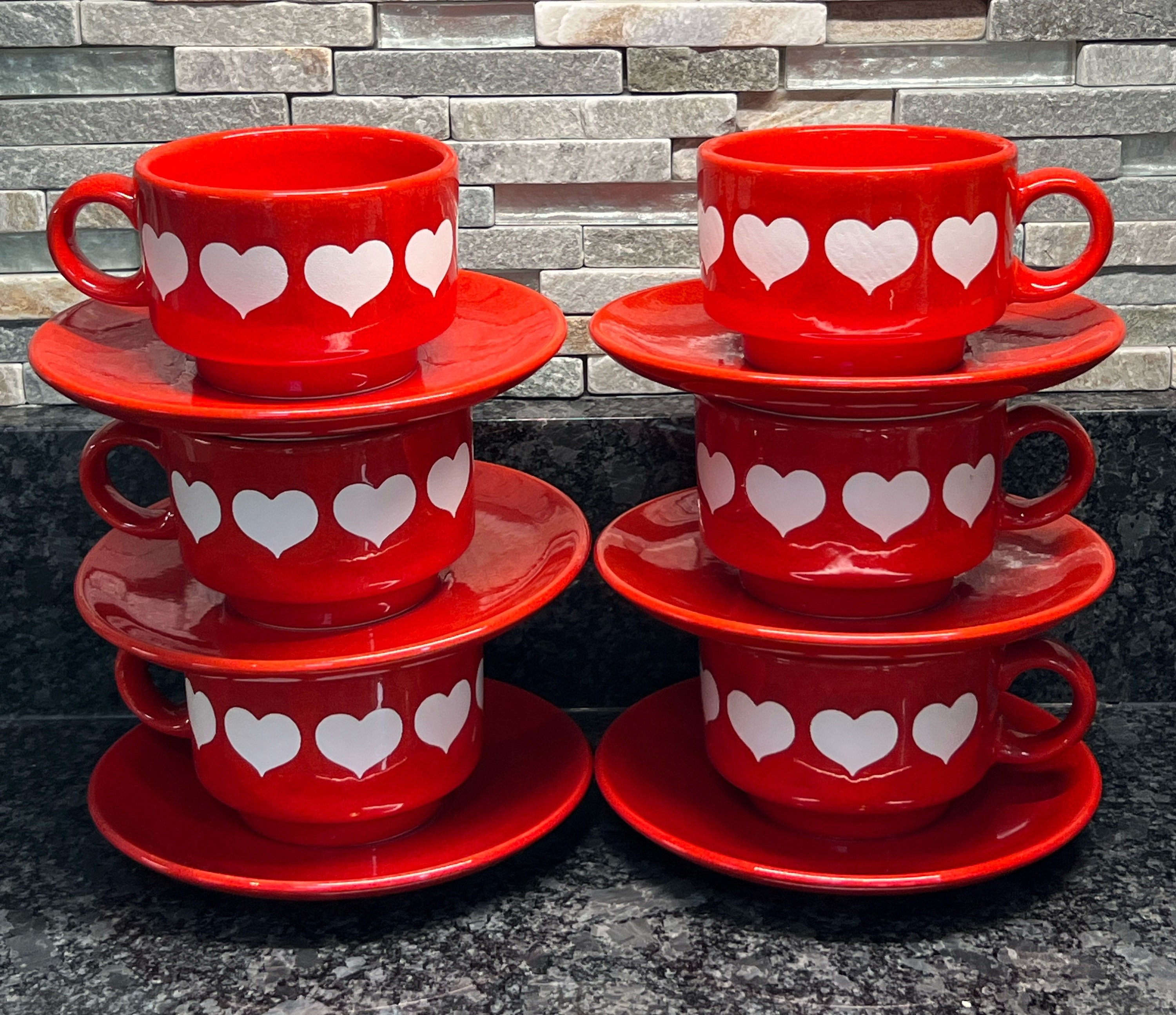 Waechtersbach Heart Cups and Saucers - Valentines Day - Mod - MCM