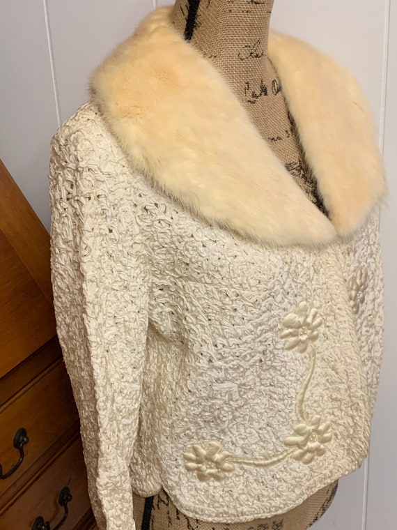 Ribbon Jacket - Fur Collar - Cream - Ivory - Flora