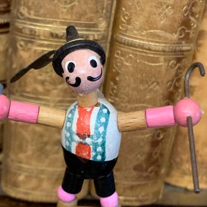 Wood Push Puppet - German - Man - Beer - Cane - Stein - Hat - Rare Toy - Thumb Puppet - S1