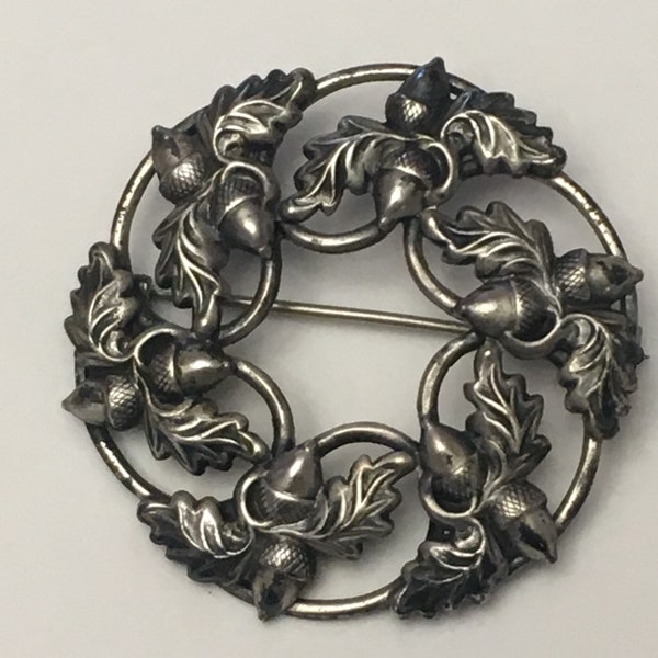 Danecraft Sterling Brooch - Acorns - Wreath - Leaves - Mid Century - Pin - Vintage