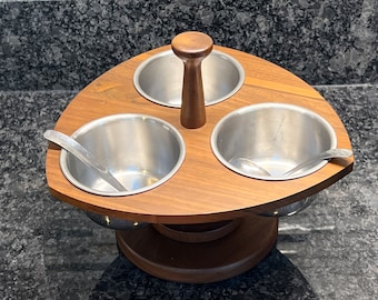 MCM Pieza para servir - Giratorio - Aperitivos - Embutidos - Salsas - Toppings - Lazy Susan - Madera - Inoxidable - Vintage - E2
