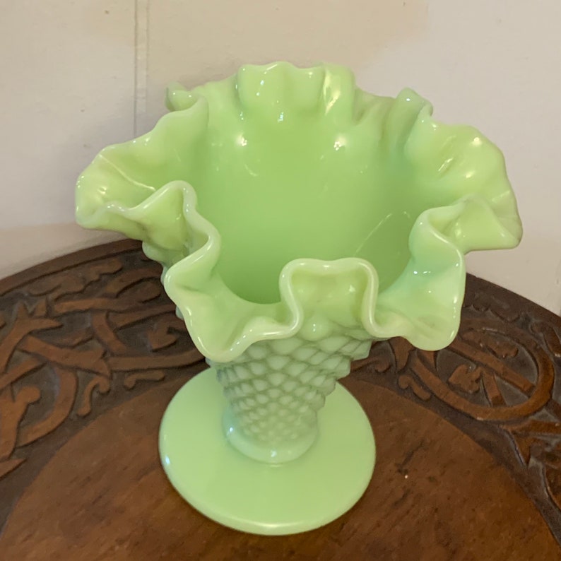 Fenton Green Glass Vase Milk Glass Hobnail Ruffle Rare Etsy