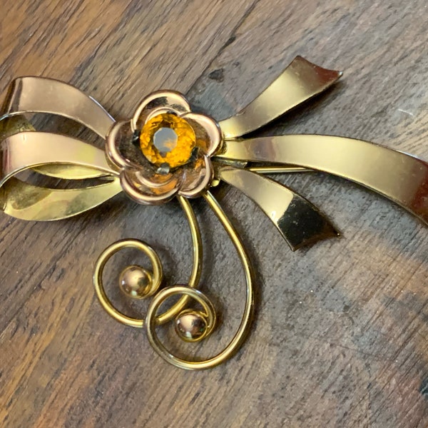 Harry Iskin Brooch - Gold Filled - Topaz - Floral - Flower - Bow - Ribbon - Vintage