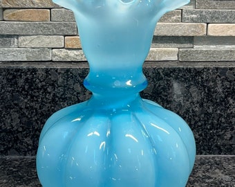 Fenton Melon Vase - Blue - Aqua - Glass - Collectible - Ruffled - Crimped - Vintage - D2