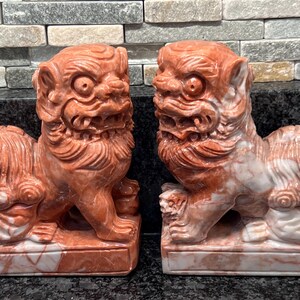 Foo Dog Statues - Bookends - Pair - Stone - Glass - Heavy - Rare - Vintage - WHSHF