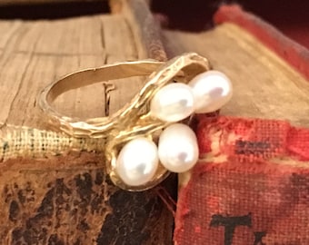 Gold Pearl Ring - 10K - Cluster - Vintage - Estate Jewelry