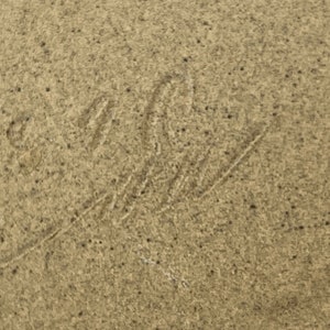 May include: Close-up of a light brown textured surface with a handwritten signature in black ink.
