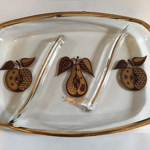 Mid Century Serving Plate - Georges Briard - Fruit - Gold - Divided - Glass - MCM Bar - Vintage - D1