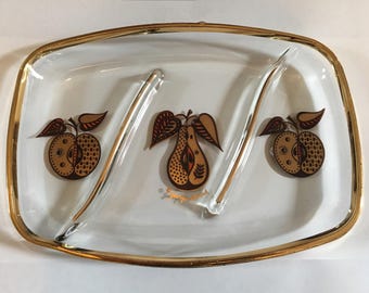 Mid Century Serving Plate - Georges Briard - Fruit - Gold - Divided - Glass - MCM Bar - Vintage - D1