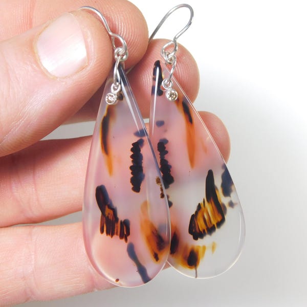 Montana Agate and Sterling Silver Earrings, Montana Agate Slab Earrings, Diamond Earrings, Statement Earrings, Slab Earrings