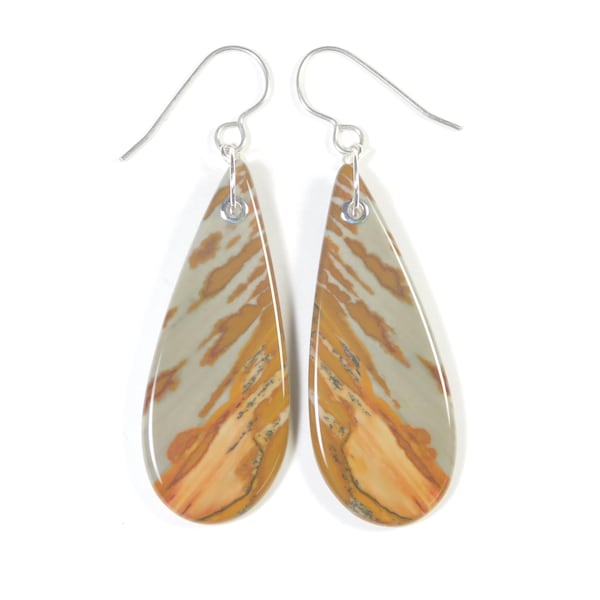 Pendientes de jaspe Owyhee, pendientes de losa con forma de lágrima de jaspe Owyhee, pendientes llamativos de jaspe y plata de ley, pendientes de losa