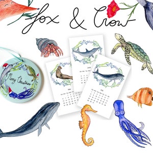 Ocean Creatures Gift Pack / Gift Deal / Christmas Gift Pack / Ocean Calendar / Sea Gift / Beach Gift / Ocean Gift / manatee / narwhal