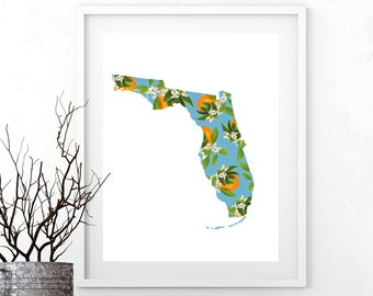 Florida State Map Wall Art / Florida Art / Florida Decor /  Beach Decor / Nautical Decor  / Florida Artists / Orange Blossom Art / FL Art