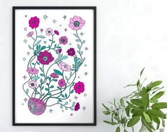 jellyfish art / botanical art print / boho art / beach wall art / beach decor / wall art / floral art / artsy decor/ pink art / Turquoise