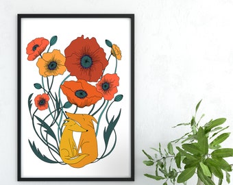 Valentine's Day Gift  / Love Art / Botanical Wall Art / Art Print / Colorful Wall Art / paper anniversary / Poppy Print / Poppy / Fox Print