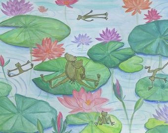 Froggy Family on Lily Pads Art Print * Woodland Art * Nursery Art * Learning Art * Art for Baby * Art for Toddler * Frog Art * Cute Frogs