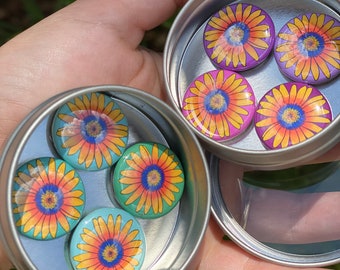 Four Flower Art Magnets /  1 inch Magnets / flower decor / flower gift / Magnets / sunflower / Magnet set / Housewarming Gift