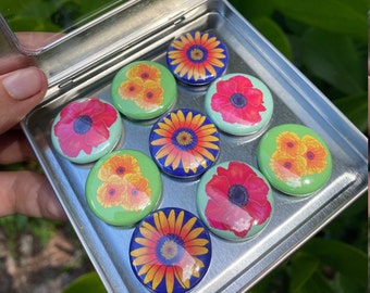 Flower Magnets / 1 inch Magnets / Sunflower Decor / Poppies / Magnets / Small Gift / Art Magnets / Housewarming Gift / Sunflower / Poppy