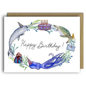 Happy Birthday / Narwhal / Sea Turtle / Octopus / Whimsical Birthday / Sea Creature Birthday Card / Birthday Card / Ocean Birthday Card