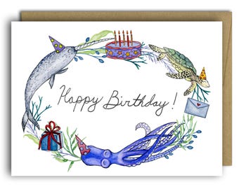 Happy Birthday / Narwhal / Sea Turtle / Octopus / Whimsical Birthday / Sea Creature Birthday Card / Birthday Card / Ocean Birthday Card